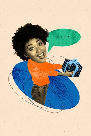 Vertical photo collage of happy american hold present box birthday present party event text box phrase isolated on painted backgroundの写真素材