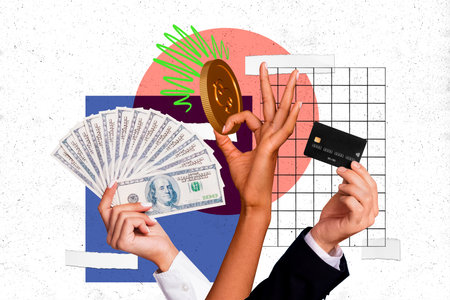 Composite photo collage of hand hold fan money dollars credit card coin choose pay rich wealth variety income isolated on painted backgroundの写真素材