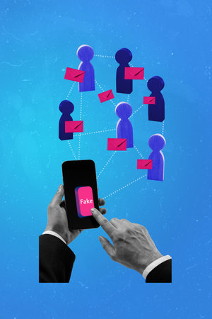 Vertical creative collage picture smartphone send message false lies information opinion control envelop correspondence social mediaの写真素材