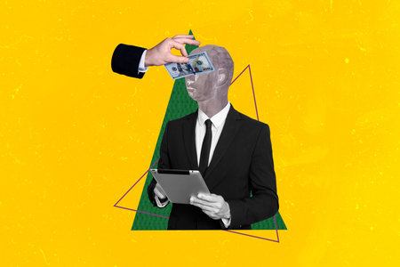 Trend composite photo collage of black white silhouette confident man hold epad in hands blind cover eyes with money dollar franklin usdの写真素材