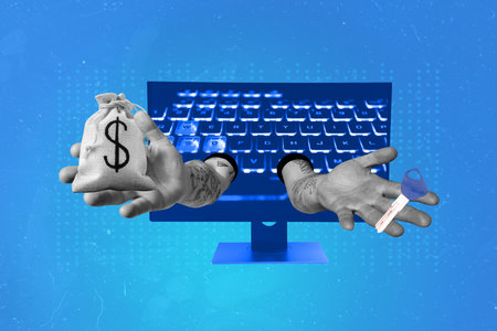 Creative collage picture image computer screen monitor human hands key protection antivirus money bag rich wealth earningsの写真素材
