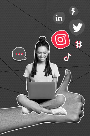 Vertical creative collage picture sitting young happy excited girl typing message social media tiktok twitter instagram iconsの写真素材