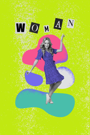 Trend artwork composite sketch collage of carefree blonde wavy hair girl wear trendy dress sneakers dance chill celebrate woman dayの写真素材