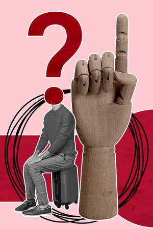 Composite trend artwork sketch image 3D photo collage of young headless thoughtful man sit on baggage at huge wooden hand finger upの写真素材