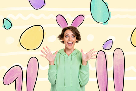 Composite photo collage of smile pretty girl bunny ears easter egg hunt game holiday tradition event...