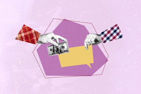 Composite sketch image trend collage of two friends talk conversation cloud text speech box hold in hand money banknote cash usd dollarの写真素材