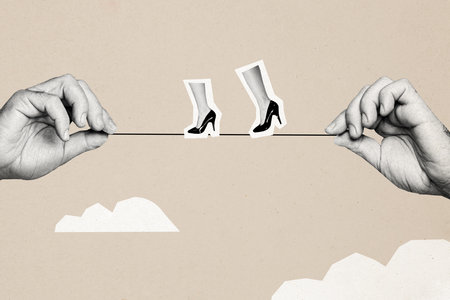 Composite photo collage of hand hold string female legs heels walk rope walker circus skill risk sky clouds isolated on painted backgroundの写真素材