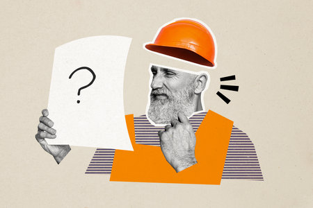 Creative trend collage of old builder building plan question task confused banner bizarre unusual...