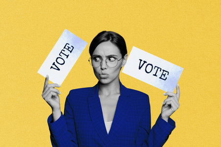 Collage image portrait of cute attractive confused lady holding in hands bulletin isolated on...