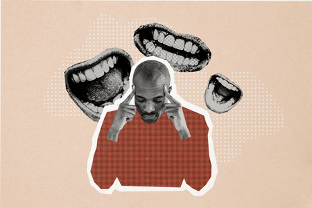 Composite photo collage of sad american man headache mouth scream hate bullying racism problem abuse...