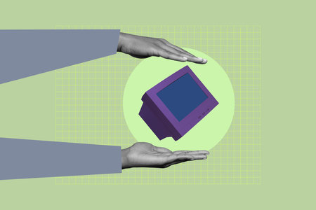 Composite photo collage of hand show premiere announcement computer monitor tv screen electronic device isolated on painted backgroundの写真素材