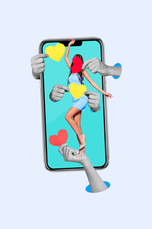 Vertical collage smartphone touchscreen digital device human hands gorgeous lady high heels blogging receive like followers feedbackの写真素材