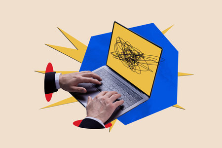 Composite 3D photo collage trend sketch image of two hands appear from hole professional worker type online work laptop write programmerの写真素材