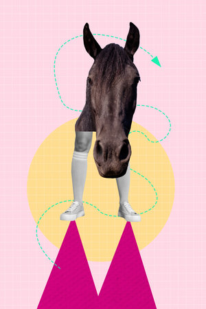 Composite collage of stats graphics sport young person headless incognito wear horse head mask stand on mountain peak climb travelの写真素材