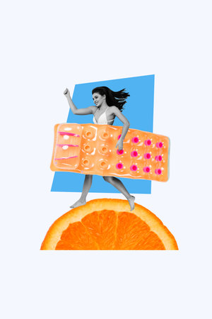 Vertical collage picture young attractive cheerful woman swimwear bikini coast seaside orange juicy fruit drawing backgroundの写真素材
