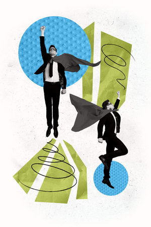 Vertical photo collage of serous businessman wear superhero cape fly aim help motivation development isolated on painted backgroundの写真素材