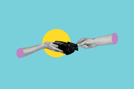 Creative collage image human hands 3d arms terminal pos payment buy purchase contact credit card nfc...