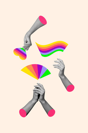 Vertical collage picture 3d human hands rainbow lgbtc colors rights pride support community body fragments drawing backgroundの写真素材