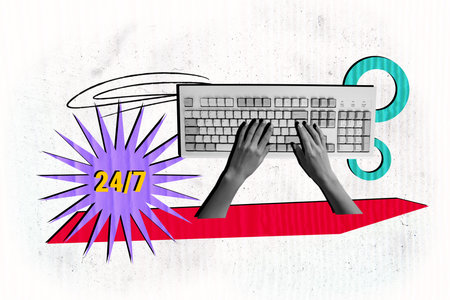 Composite photo collage of hands type keyboard computer tool office operator support service 24 7...