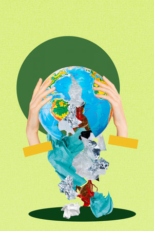 Trend artwork sketch image composite photo collage of two hands hold earth planet contain garbage...
