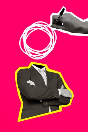 Composite trend artwork sketch image 3D photo collage of headless man body wear suit stand confident hold hands pen draw circle lineの写真素材