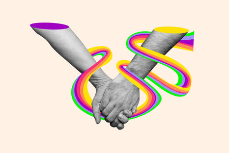 Composite photo collage of people hands shake bonding feelings lgbt rainbow propaganda concept...