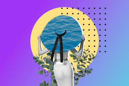 Composite photo collage of beautiful girl slim figure wear big hat water design leaves plant vacation summer isolated on painted backgroundの写真素材