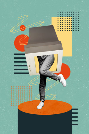 Vertical photo collage of incognito human dance feet instead body computer monitor device office tool isolated on painted backgroundの写真素材