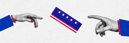 Composite panoramic collage of hands want grab ballot paper usa stripes stars election procedure...