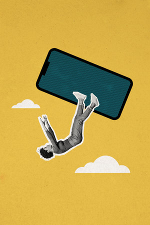 Vertical image collage falling young girl down sky clouds environment smartphone touchscreen...