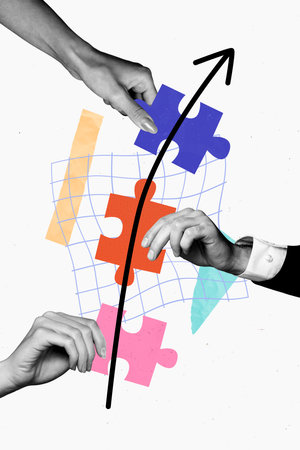 Vertical image collage human hands body fragments match puzzle complete logic game fragments connection achieve goal drawing backgroundの写真素材