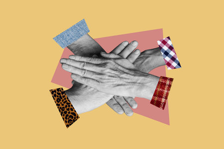 Composite photo collage of people hand unity together showing team work cooperation hold palms partnership isolated on painted backgroundの写真素材