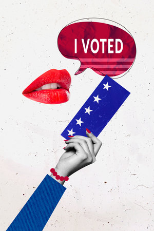 Vertical picture collage woman hand mouth psychedelic concept lips textbox voted make choice election referendum drawing backgroundの写真素材