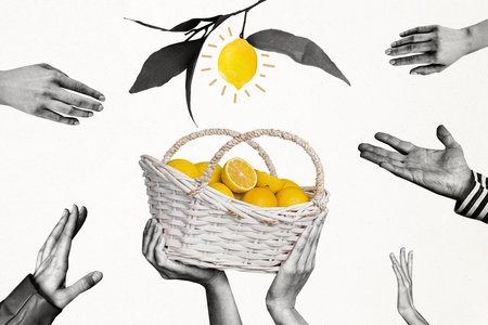 Composite photo collage of big basket yellow juicy sweet lemon fruit branch leaves plant people hand shop isolated on painted backgroundの写真素材