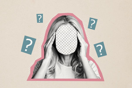 Composite photo collage of blurred anonym blonde girl sit hold head faceless think decision question mark isolated on painted backgroundの写真素材