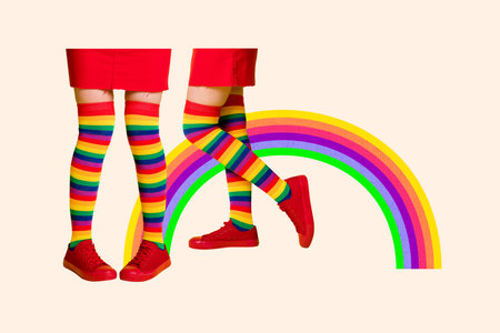 Creative picture collage girl legs long socks shoes lgbt colorful outfit rainbow support community tolerance pride symbolの写真素材