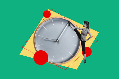 3D photo collage trend artwork sketch image of young confident lady do stretching yoga training pilates leg up huge clock time managementの写真素材