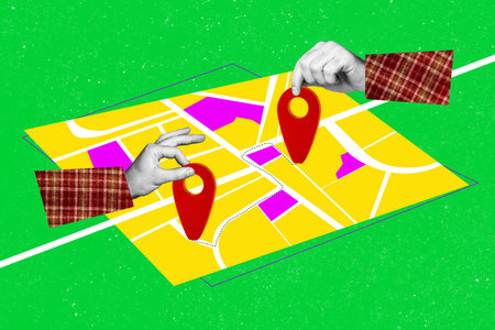 Trend artwork composite photo collage of hands hold geo point mark map place visit way direction move travel relocate change destinationの写真素材