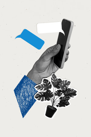 Composite trend artwork sketch collage of speech bubble textbox mind cloud message hand hold write sms smartphone display office flowerの写真素材