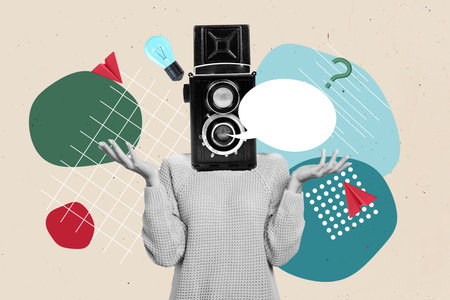 Trend artwork sketch image photo collage of incognito person confused retro camera photo shoot instead head lady speech cloud idea lampの写真素材