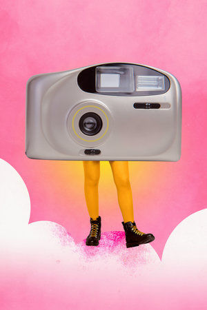 Composite trend artwork sketch image photo collage of incognito person wear huge photocamera...