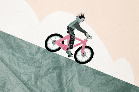 Creative collage image young woman ride bike rider transport downwards fast speed tourist lifestyle activity drawing backgroundの写真素材