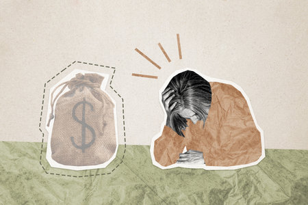 Creative image collage young sad woman depressed unhappy crisis devaluation loss earnings economy fall drawing backgroundの写真素材