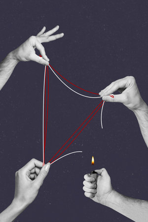 Vertical photo collage of hand hold string game lighter burn fire flammable advert bright heat spark isolated on painted background.の写真素材