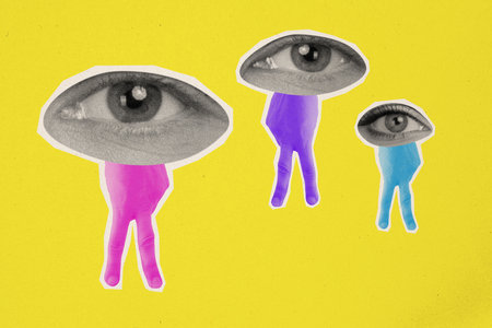 Composite collage picture image of eyes hands gesture legs v-sign walking weird freak bizarre...