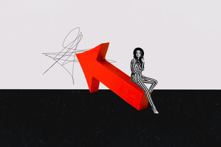 Composite collage picture image of female sit arrow point career work progress concept unusual fantasy billboard comics zine.の写真素材