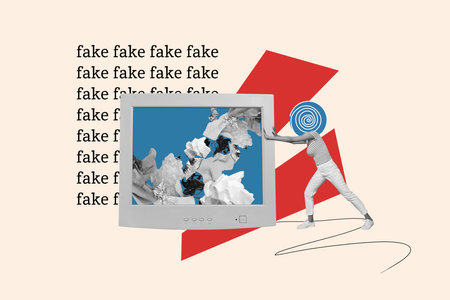Composite artwork collage image of mini girl push big screen fake news isolated on creative background.の写真素材