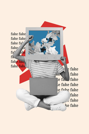 Creative trend collage of monitor computer trash garbage press propaganda social media correspondence fake news billboard comics zine.の写真素材