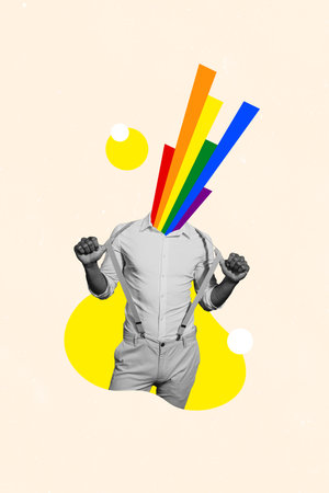 Vertical composite collage picture image of black white colors guy pull suspenders lgbt rainbow isolated on creative background.の写真素材
