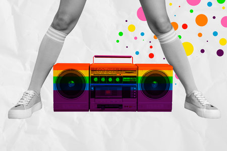 Composite photo collage of female legs wear sneakers shoes lgbt party boombox device stereo music event isolated on painted background.の写真素材